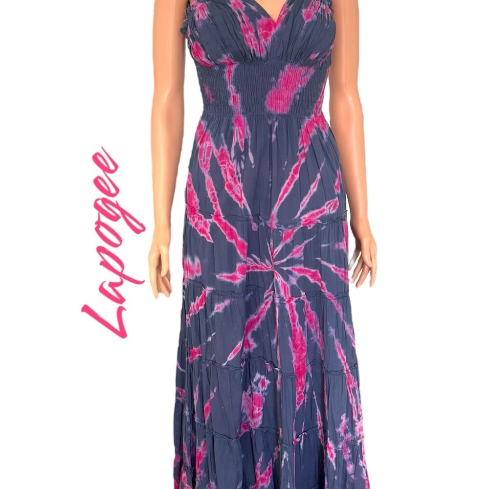 Lapogee Tie Dye Blue Maxi Dress Tier Halter Maxi Boho Cottagecore Casual SZ S